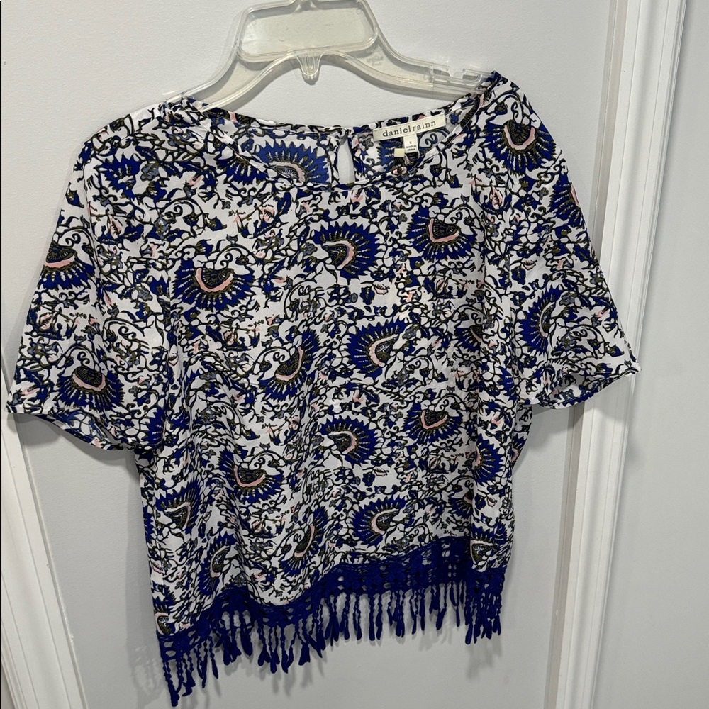 Daniel Rainn Printed Fringe Short Sleeve Top